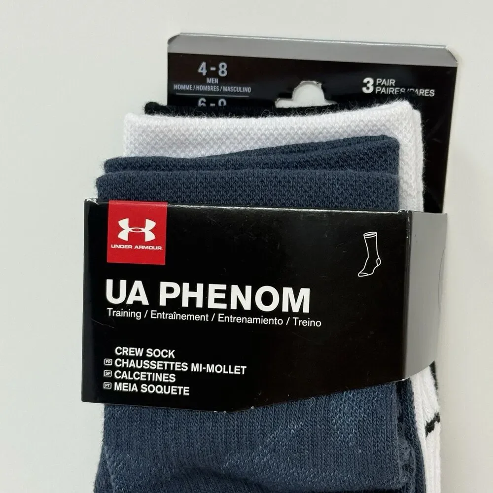 Under Armour UA Phenom Training Crew Socks 3 Pack Unisex Mens 4-8 Womens 6-9 NEW